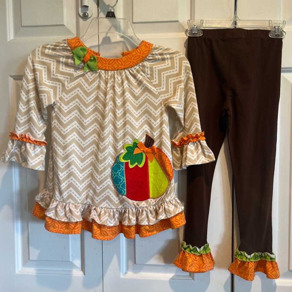 2 Pc Fall🍁Emily Rose Kids Matching Set - Brown Ruffle Hem Pants & Adorable Top